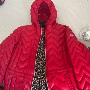 Micheal Kors Red Womens Puffer Jacket with Leopard Print Lining. Medium